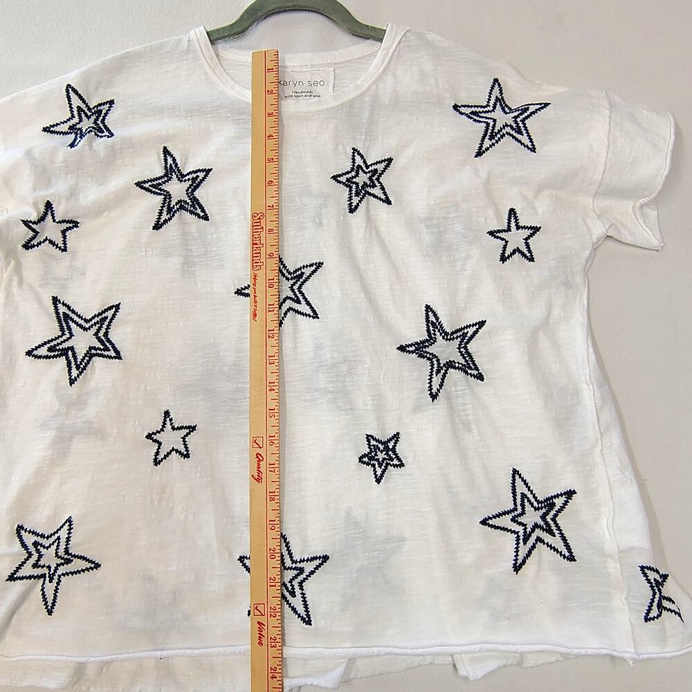 Karyn Seo XL White Embroidered Star Tee Boho Raw Edge Handmade India Top - Picture 15 of 15